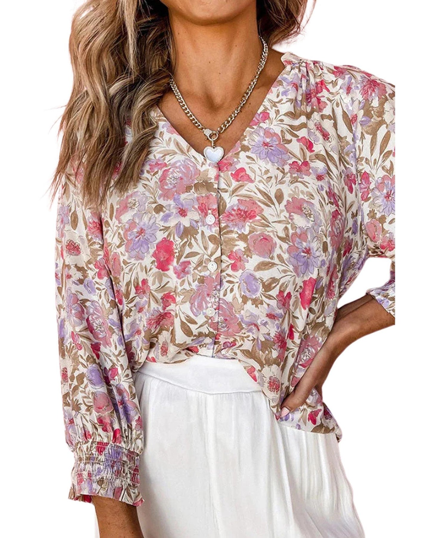 Azura Exchange Buttoned Puff Sleeves Shirt with Floral Print - M