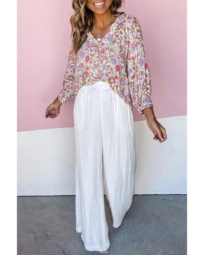 Azura Exchange Buttoned Puff Sleeves Shirt with Floral Print - S