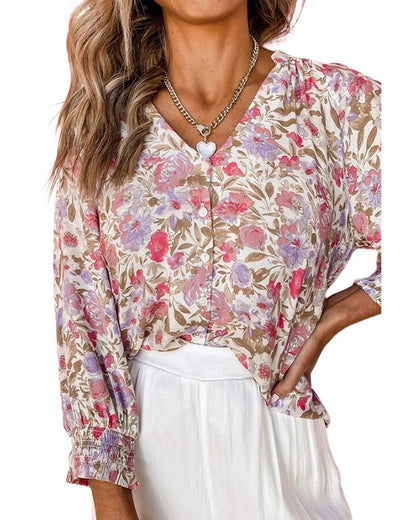 Azura Exchange Buttoned Puff Sleeves Shirt with Floral Print - S