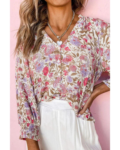 Azura Exchange Buttoned Puff Sleeves Shirt with Floral Print - XL
