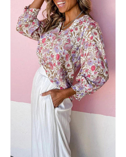 Azura Exchange Buttoned Puff Sleeves Shirt with Floral Print - XL