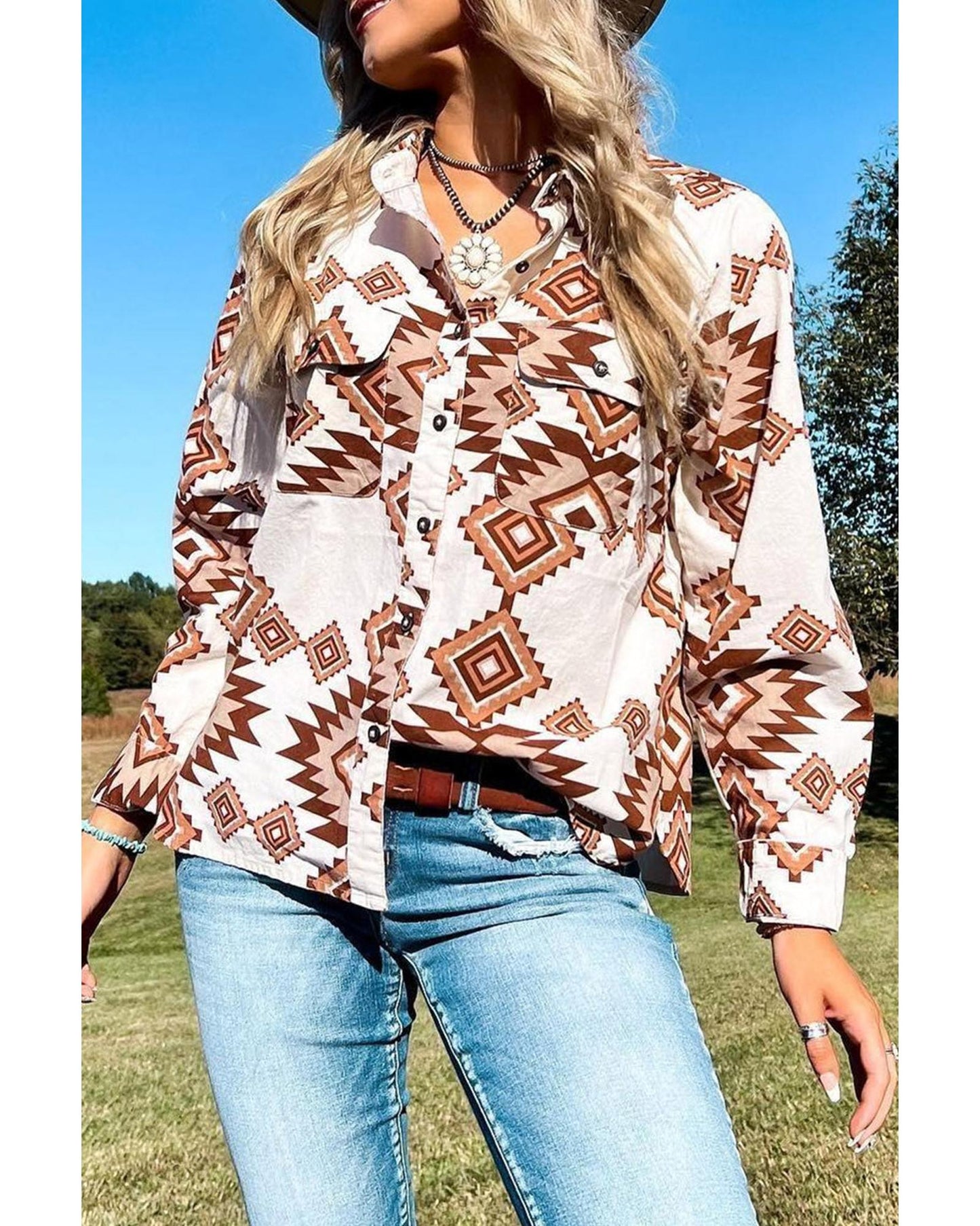 Azura Exchange Button Flap Pocket Shirt with Western Aztec Pattern - L