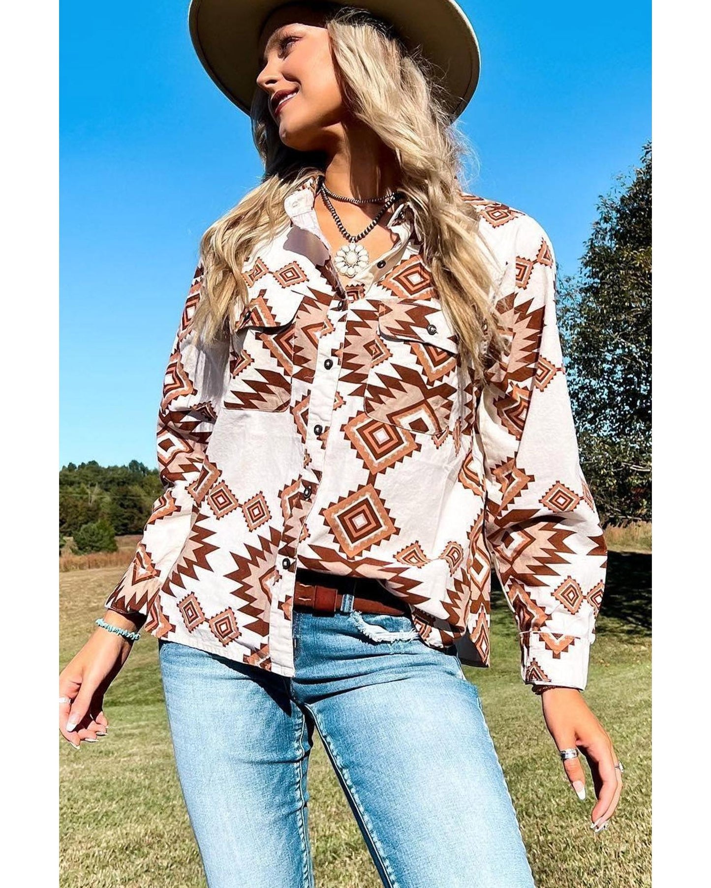 Azura Exchange Button Flap Pocket Shirt with Western Aztec Pattern - M