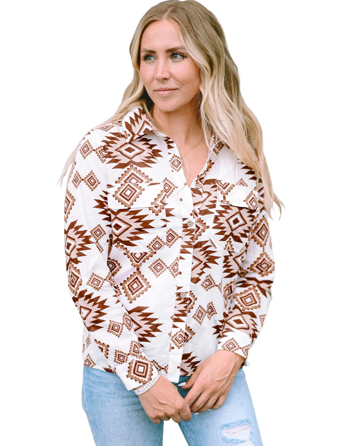 Azura Exchange Button Flap Pocket Shirt with Western Aztec Pattern - M