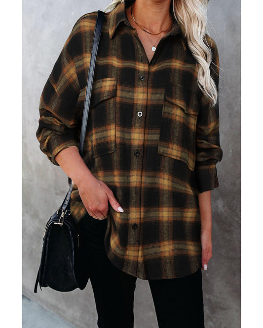 Azura Exchange Brown Plaid Pattern Flap Pockets Casual Shirt - M