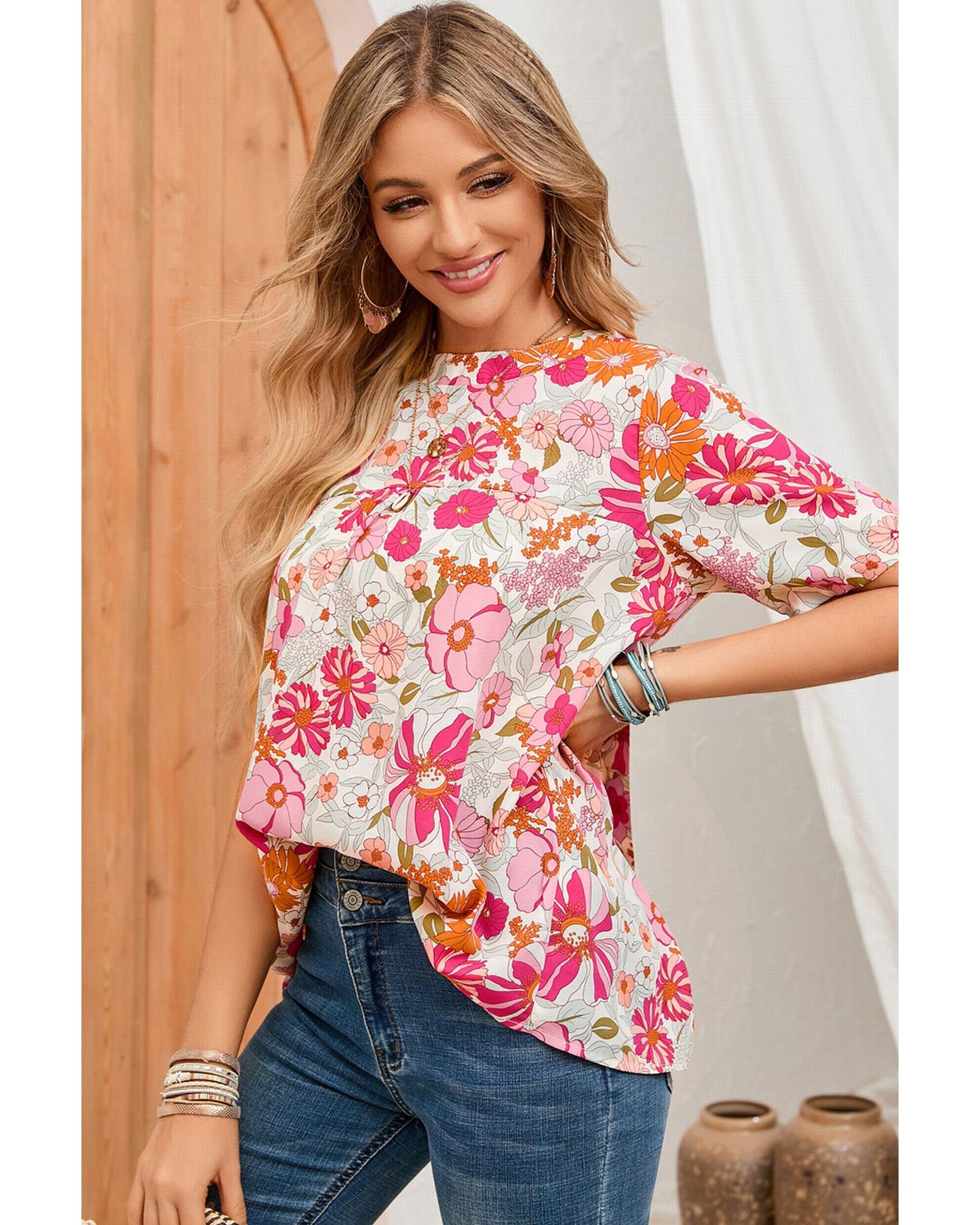 Azura Exchange Boho Flower Print Puff Sleeve Top - L