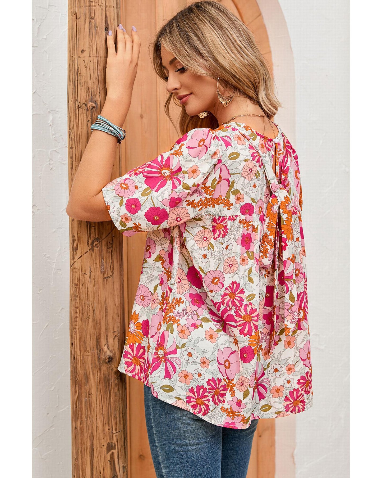 Azura Exchange Boho Flower Print Puff Sleeve Top - L