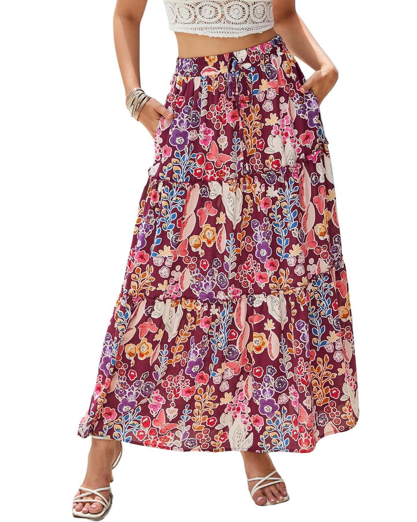 Azura Exchange Boho Floral Print High Waist Maxi Skirt - S