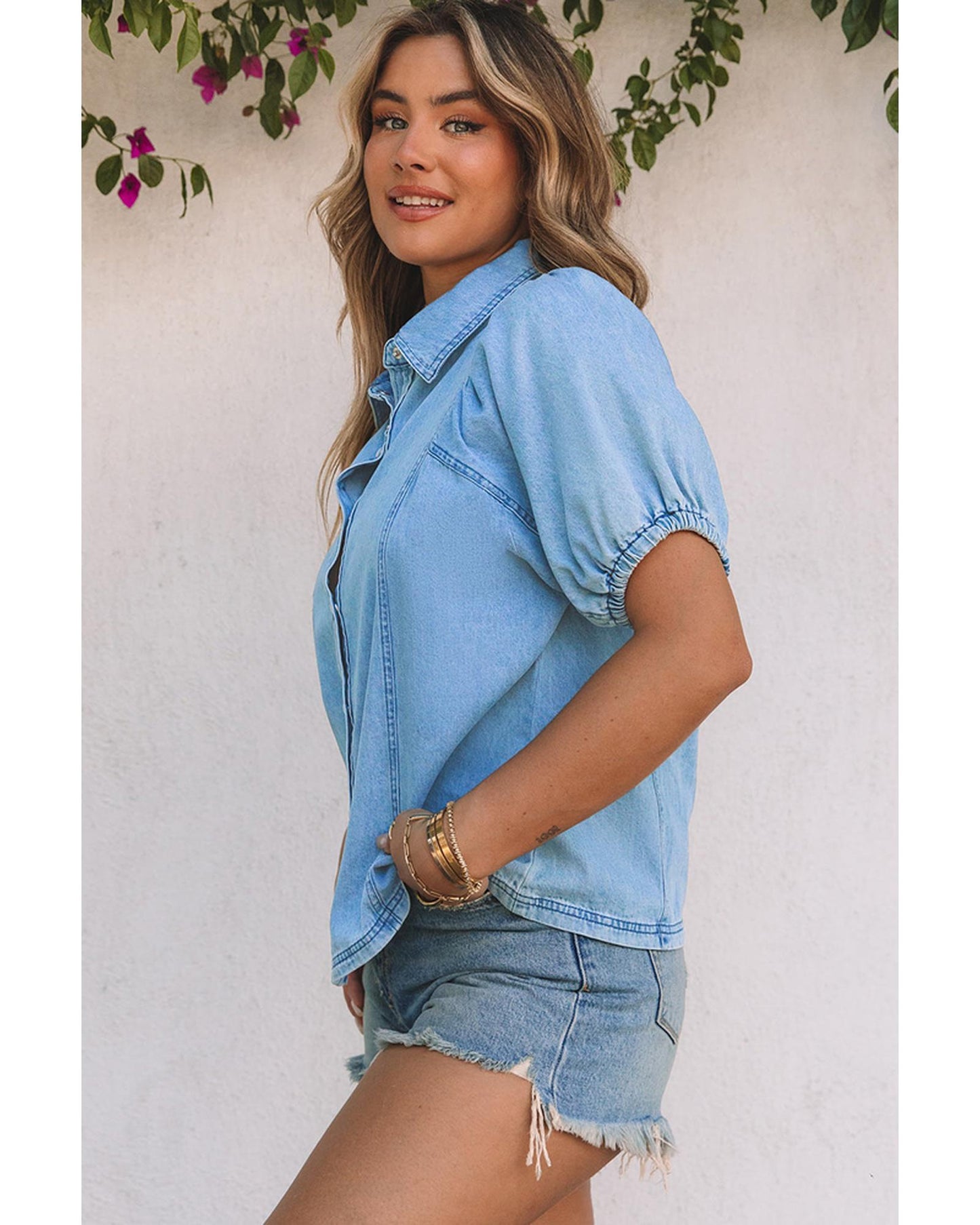 Azura Exchange Bubble Sleeve Denim Shirt - M