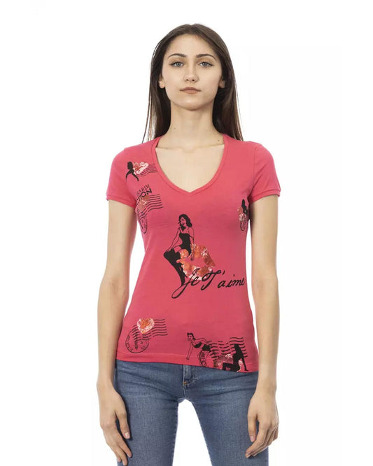 Short Sleeve T-shirt with V-neck and Front Print S Women