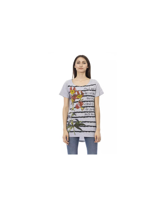 Short Sleeve Round Neck T-shirt with Front Print L Women
