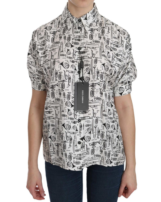 Musical Instrument Print Silk Collared Top 36 IT Women