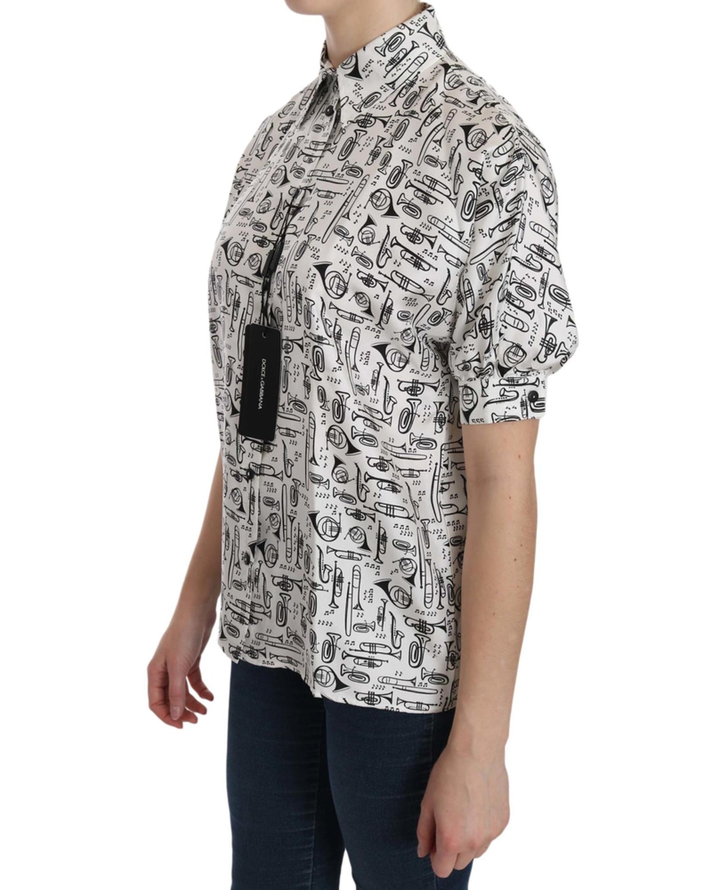 Musical Instrument Print Silk Collared Top 36 IT Women