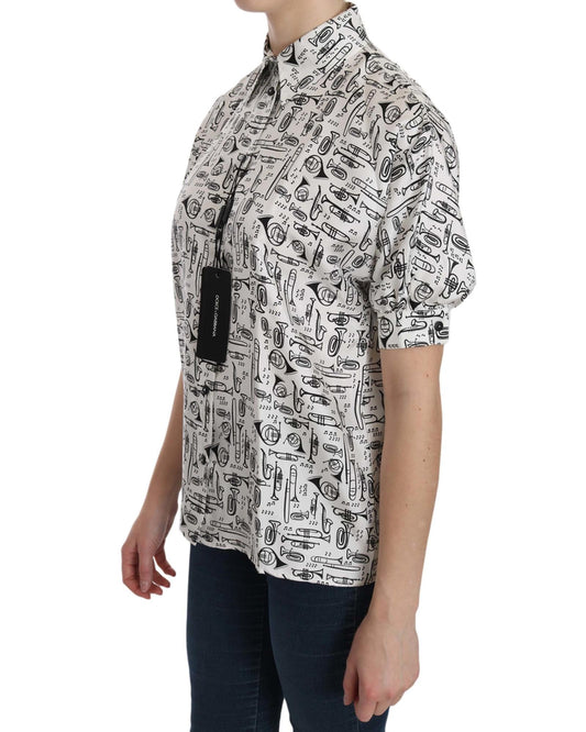 Musical Instrument Print Silk Collared Top 36 IT Women