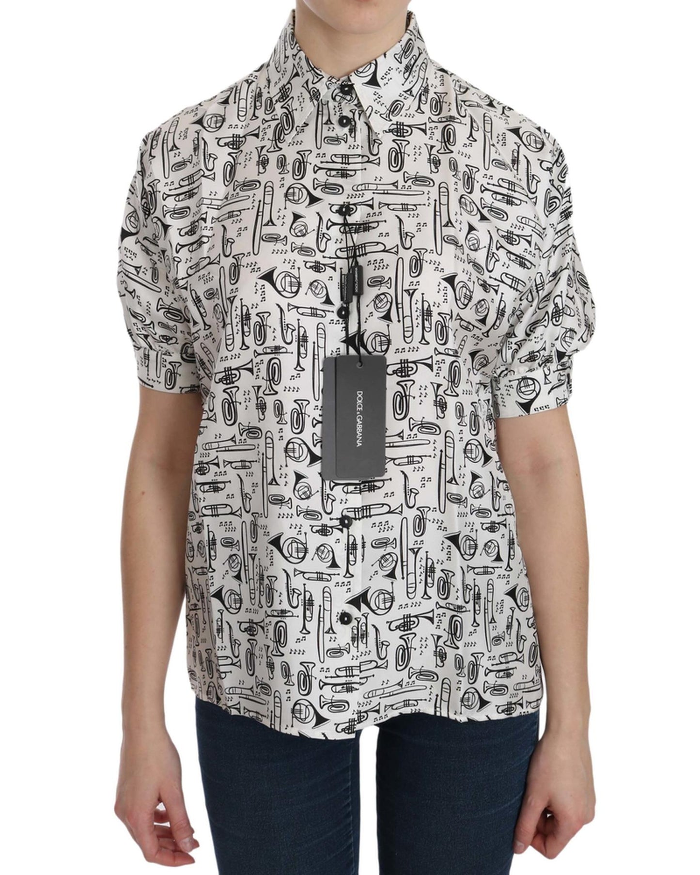 Musical Instrument Print Silk Collared Top 40 IT Women