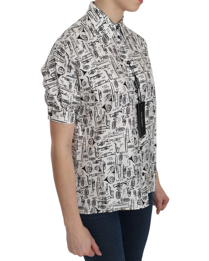 Musical Instrument Print Silk Collared Top 40 IT Women