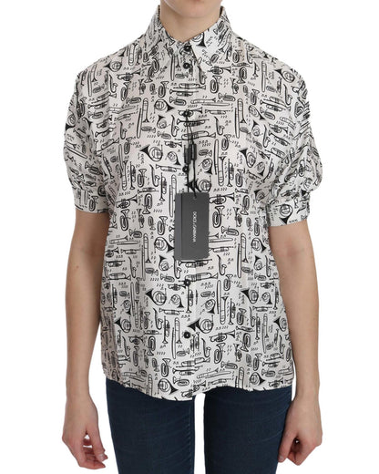 Musical Instrument Print Silk Collared Top 42 IT Women