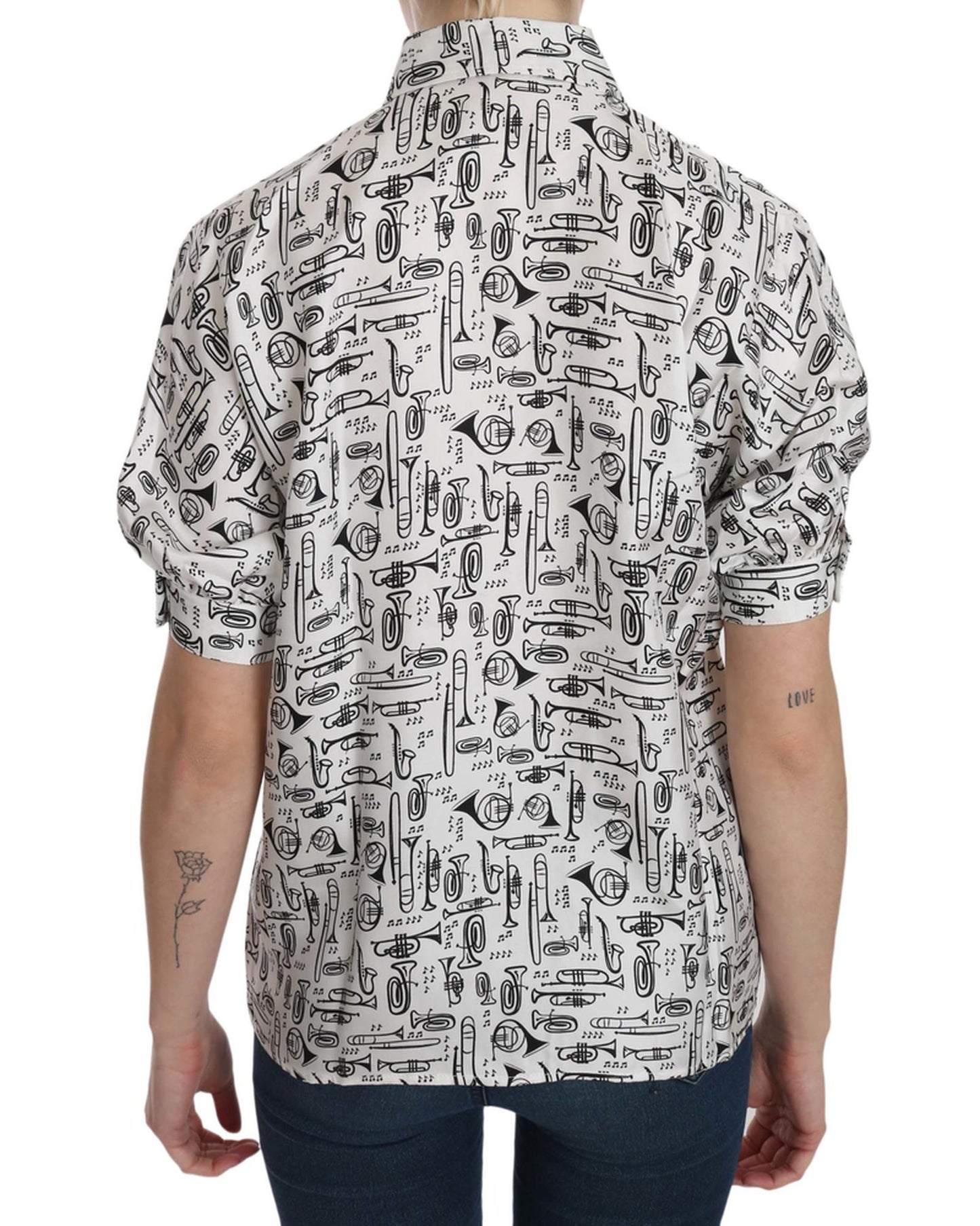 Musical Instrument Print Silk Collared Top 42 IT Women