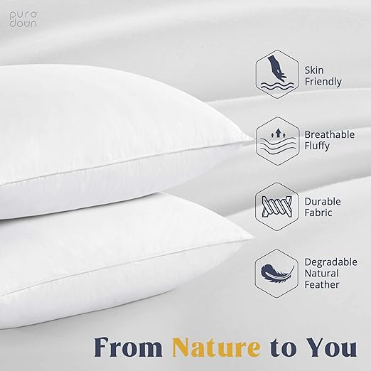 Puredown Goose Feathers and Down Pillow with Diamond Quilting Breathable Downproof Cover, Pack of 2, Standard Size
