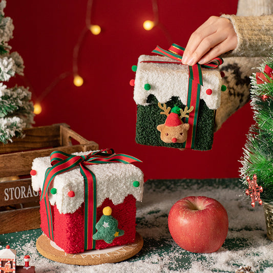Red and White Luxe Plush Christmas Gift Box - Decorative Holiday Treat Box with Snowy Trim