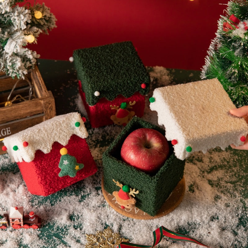 White and Green Luxe Plush Christmas Gift Box - Decorative Holiday Treat Box with Snowy Trim