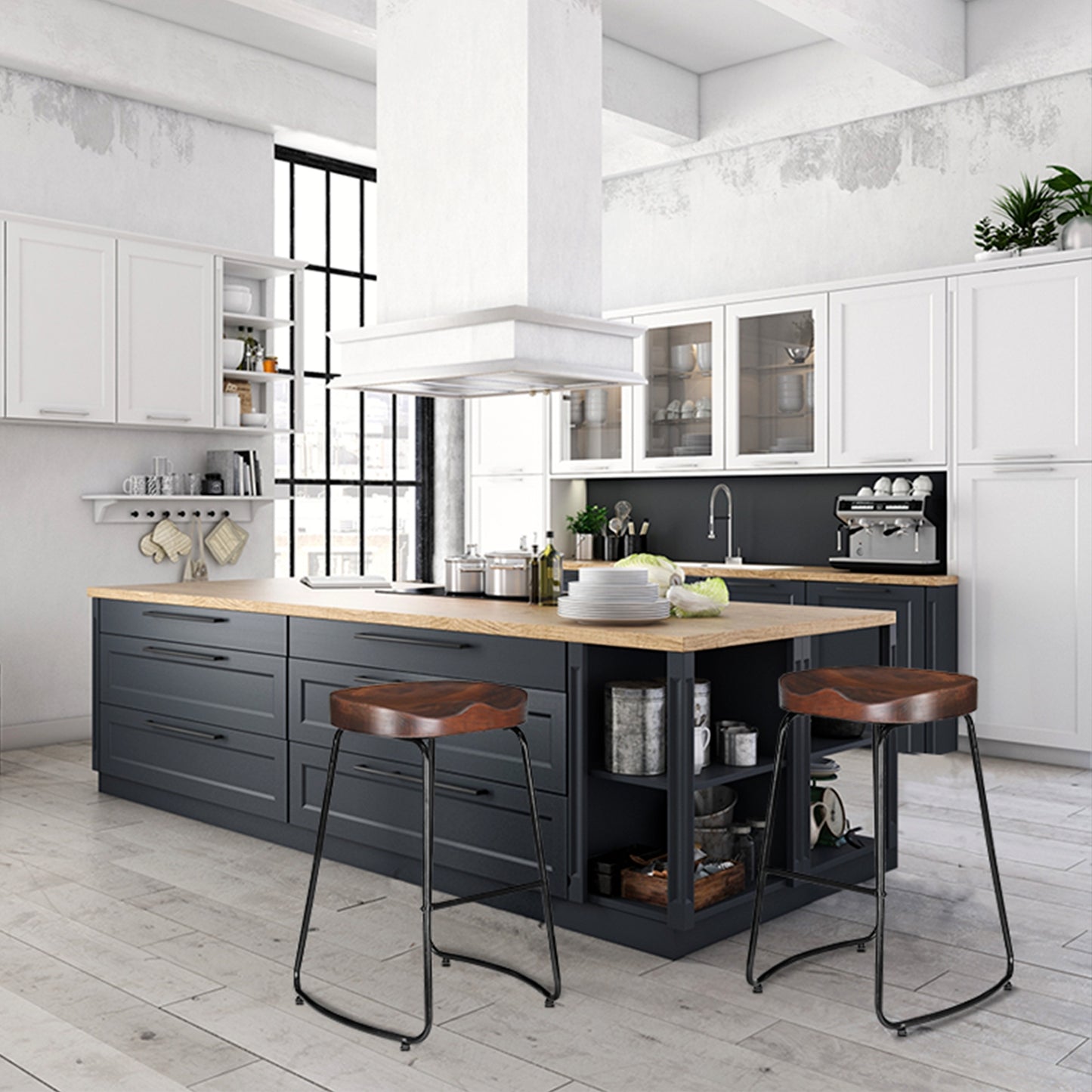 Artiss Set of 2 Elm Wood Backless Bar Stools 65cm - Black and Dark Natural