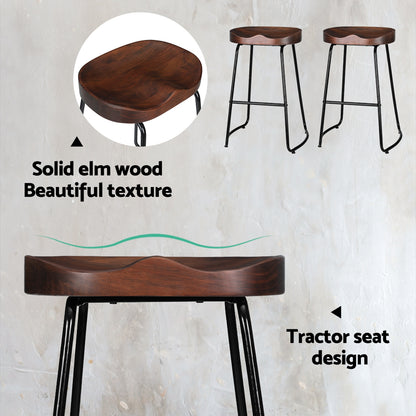 Artiss Set of 2 Elm Wood Backless Bar Stools 65cm - Black and Dark Natural