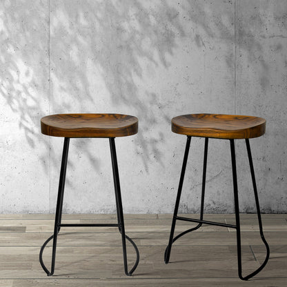 Artiss Set of 2 Elm Wood Backless Bar Stools 65cm - Black and Dark Natural