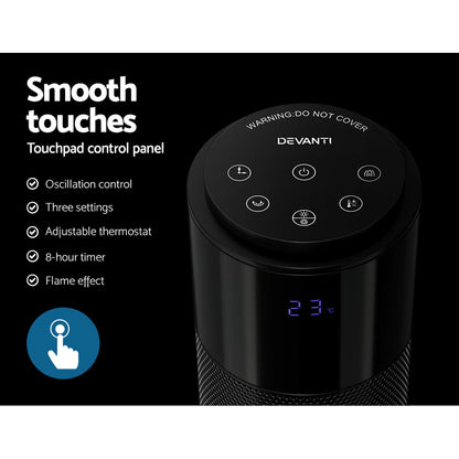 Devanti Electric Ceramic Tower Heater 3D Flame Oscillating Remote Control 2000W