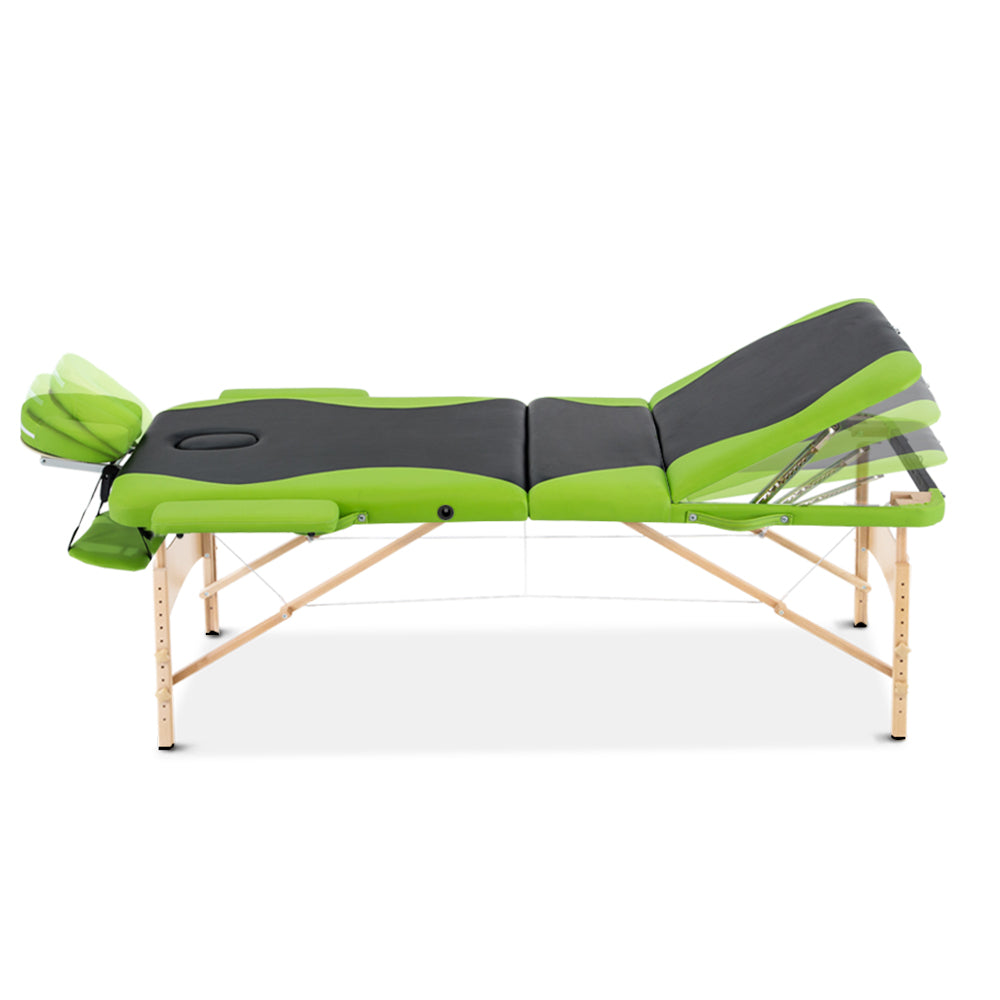 Zenses Massage Table 70cm Portable 3 Fold Wooden Beauty Bed Green