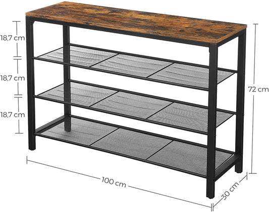 Shoe Rack with 3 Mesh Shelves Rustic Brown and Black