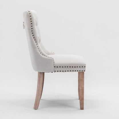 4x AADEN Modern Elegant Button-Tufted Upholstered Linen Fabric with Studs Trim and Wooden legs Dining Side Chair-Beige
