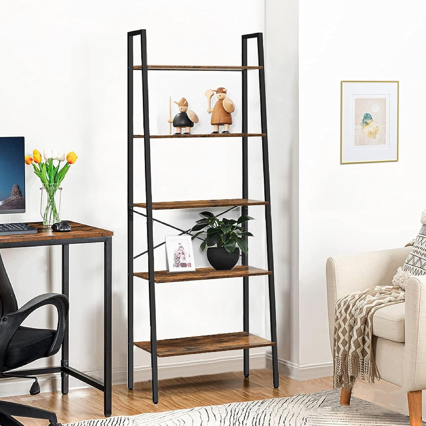EKKIO 5-Tiers Metal Wood Ladder Shelf EK-WBS-100-YXH