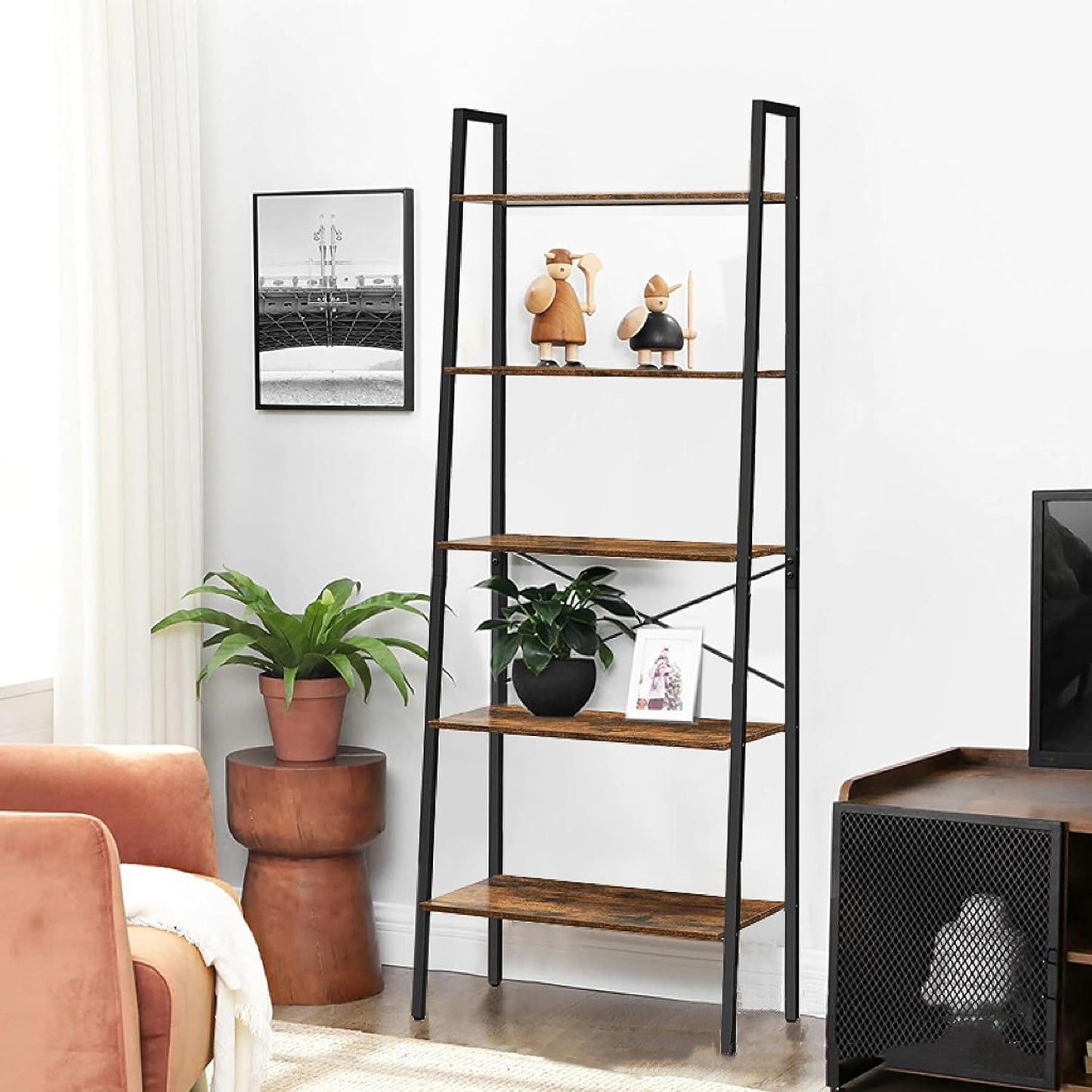 EKKIO 5-Tiers Metal Wood Ladder Shelf EK-WBS-100-YXH
