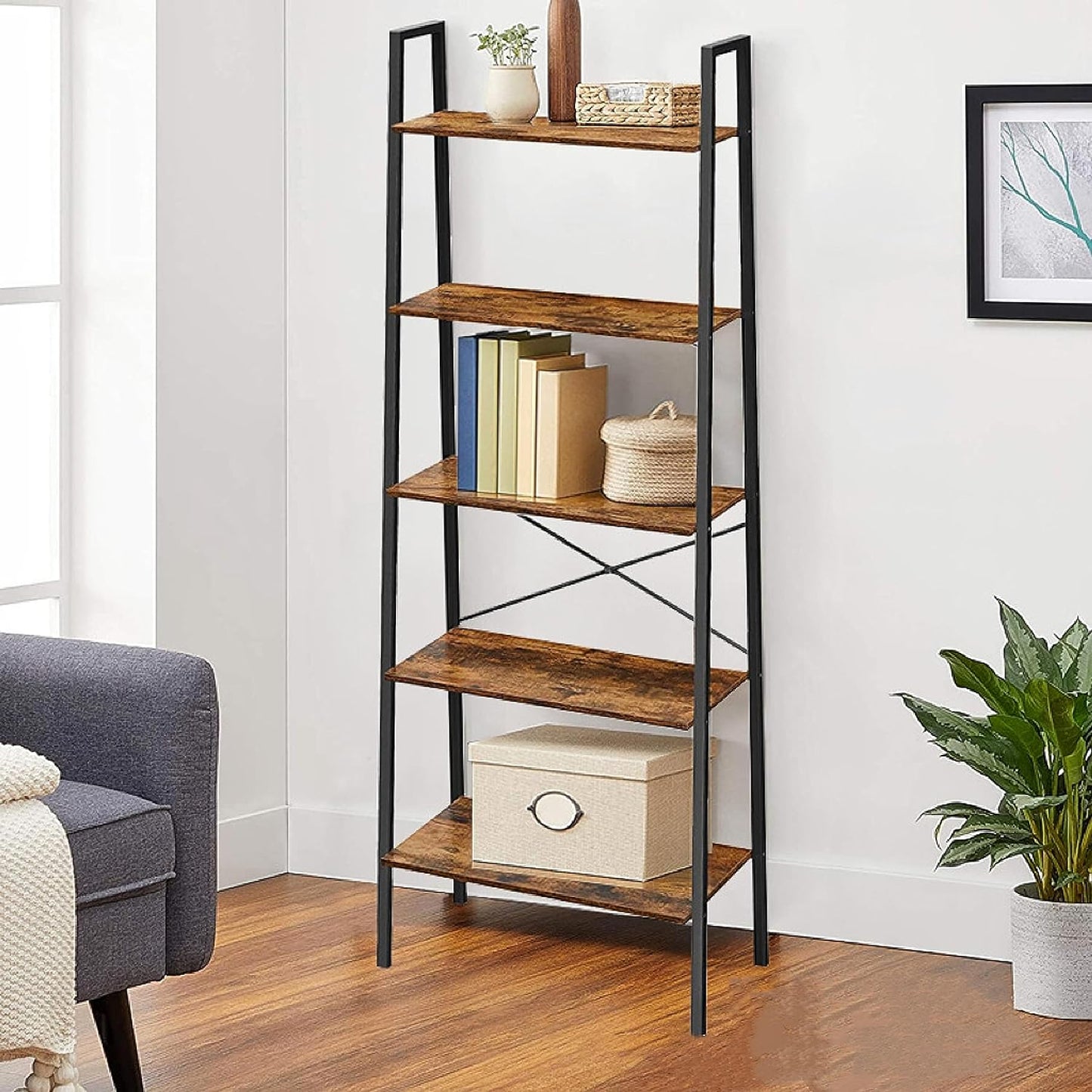 EKKIO 5-Tiers Metal Wood Ladder Shelf EK-WBS-100-YXH