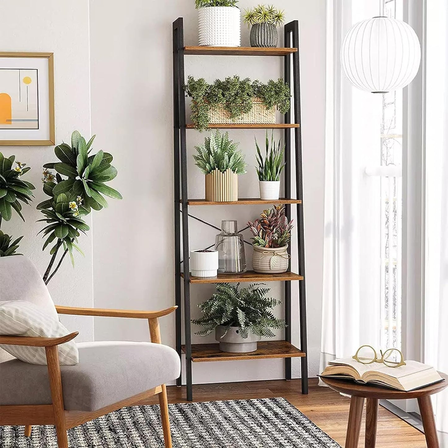 EKKIO 5-Tiers Metal Wood Ladder Shelf EK-WBS-100-YXH