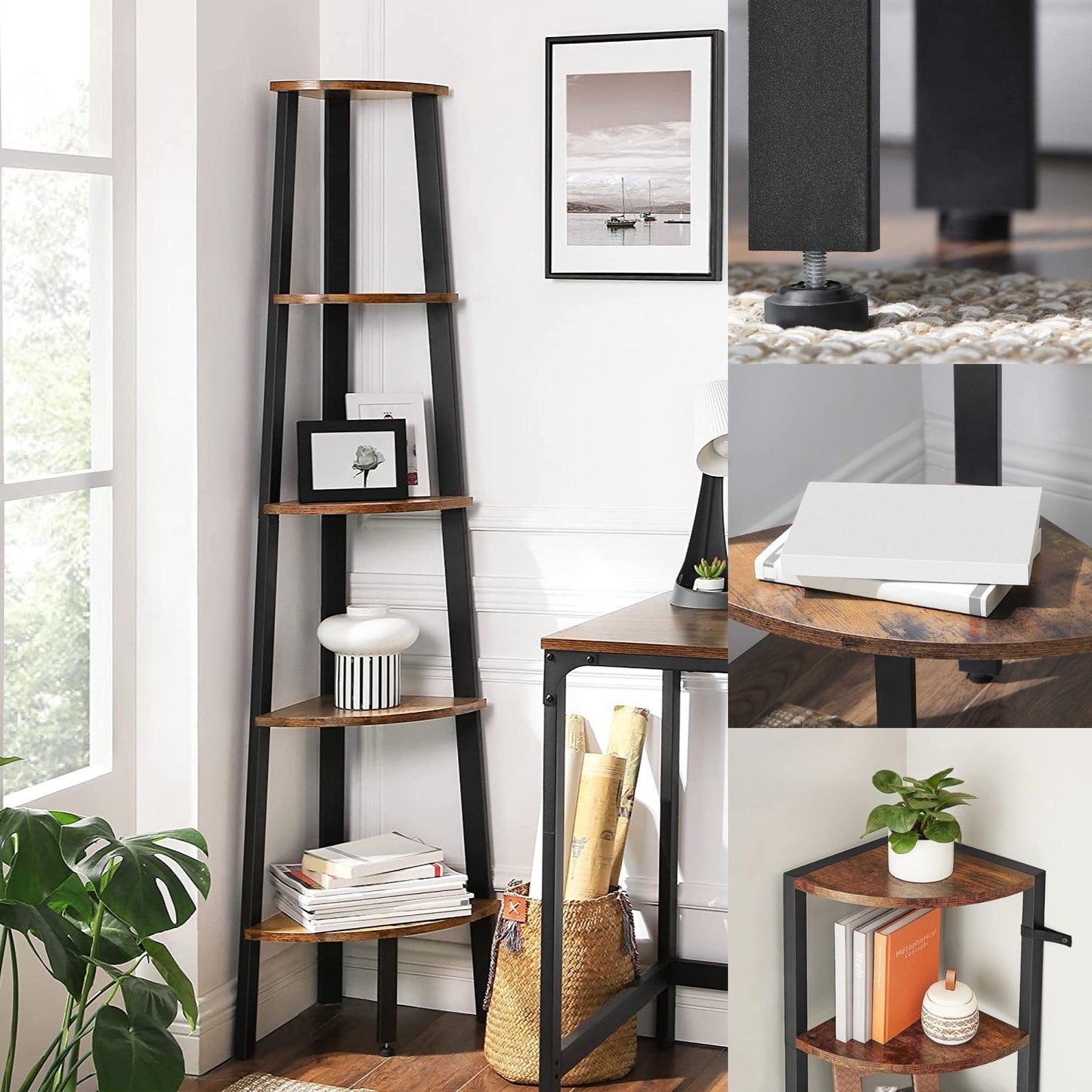 EKKIO 5 Tier Corner Ladder Shelf (Dark Brown) EK-CLS-100-LR