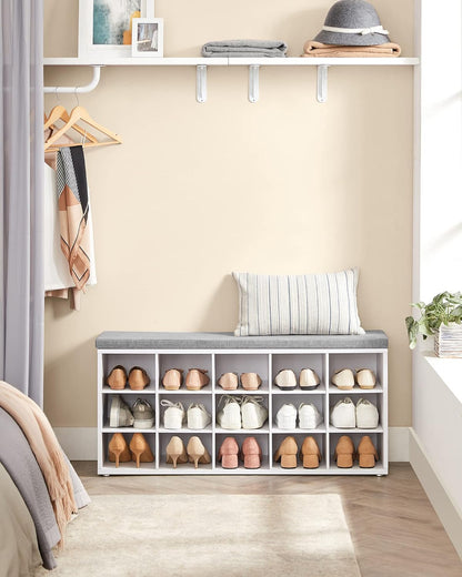 VASAGLE Storage Shoe Bench 15 Compartments with Cushion White and Grey