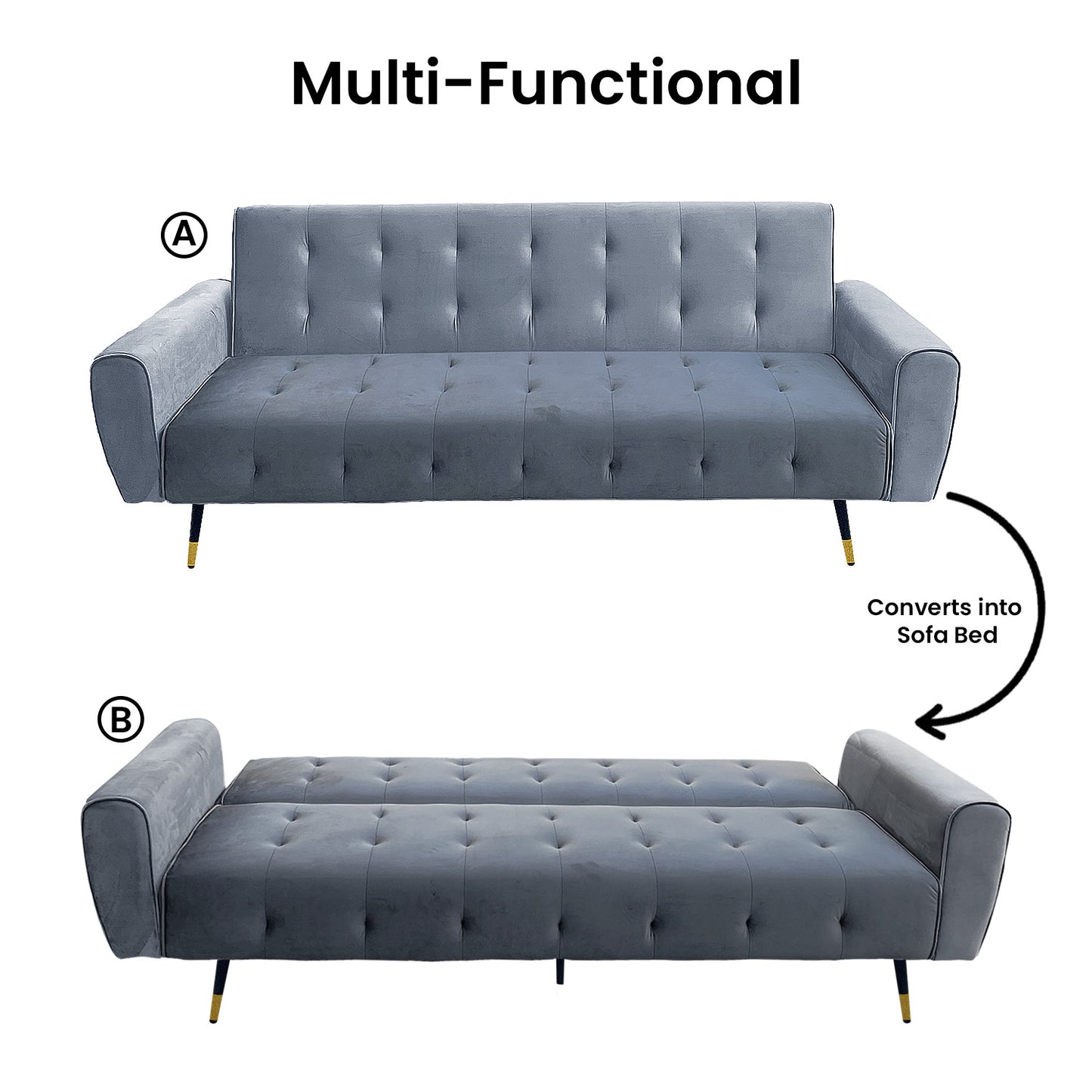 Sarantino Ava 3-seater Tufted Velvet Fabric Sofa Bed By Sarantino - Light Grey