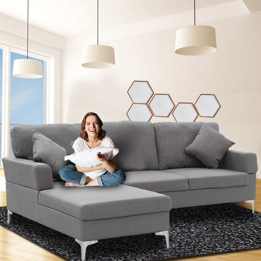 Sarantino Linen Fabric Corner Sofa Couch Lounge L-shape W/right Chaise Seat Dark Grey