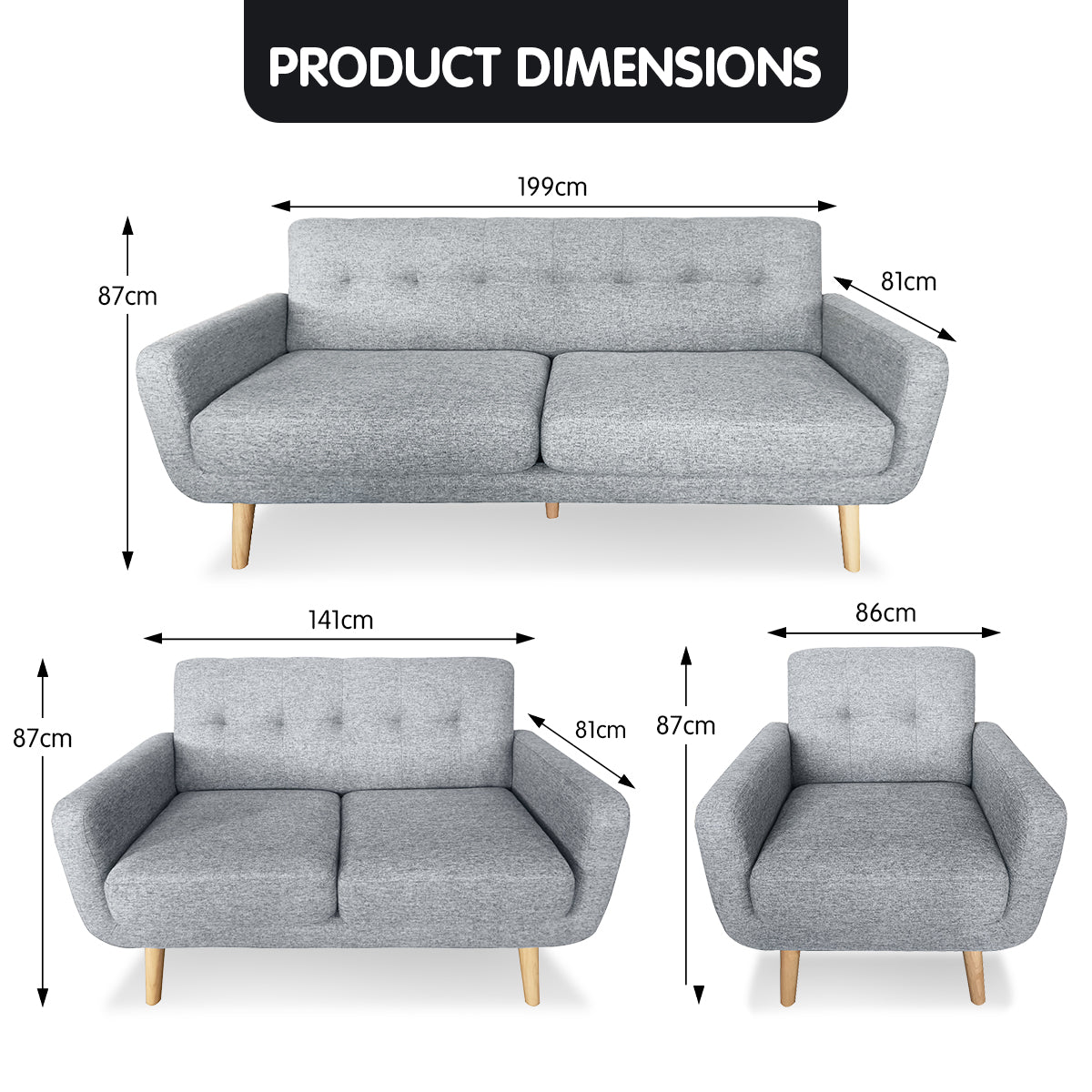 Sarantino 6-Seater Linen Fabric Sofa Set Couch Futon - Light Grey