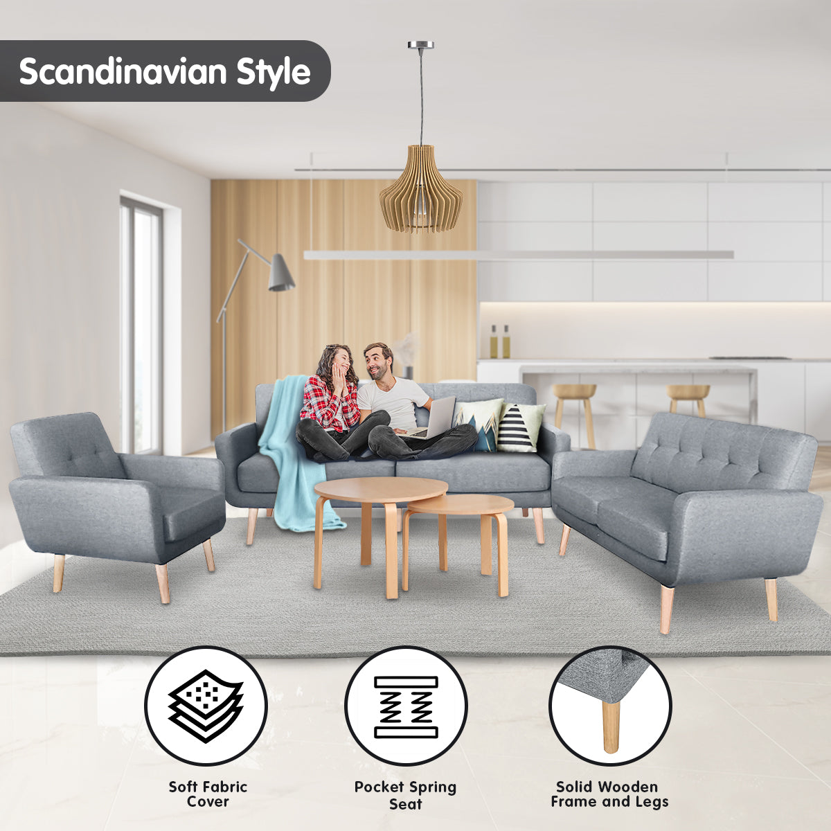 Sarantino 6-Seater Linen Fabric Sofa Set Couch Futon - Light Grey