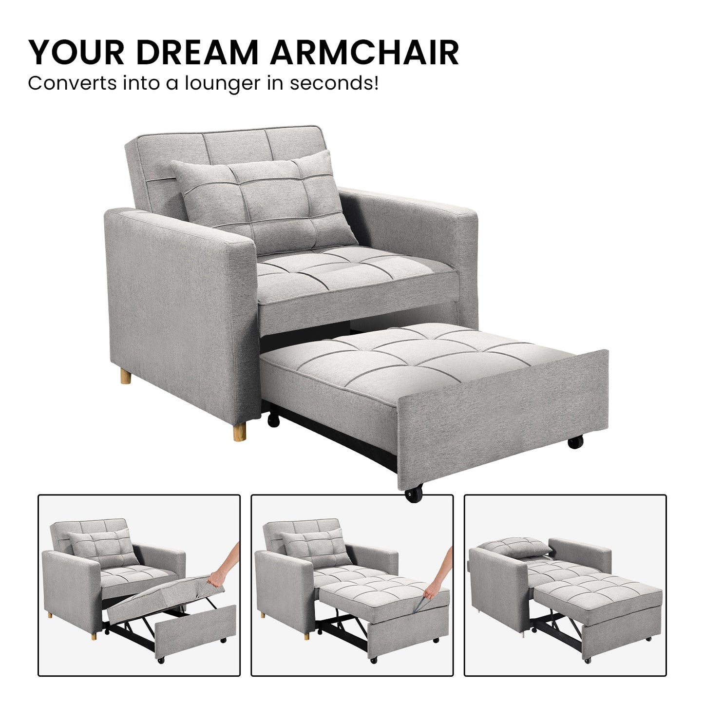 Sarantino Suri 3-in-1 Convertible Sofa Chair Bed Lounger Fabric - Light Grey
