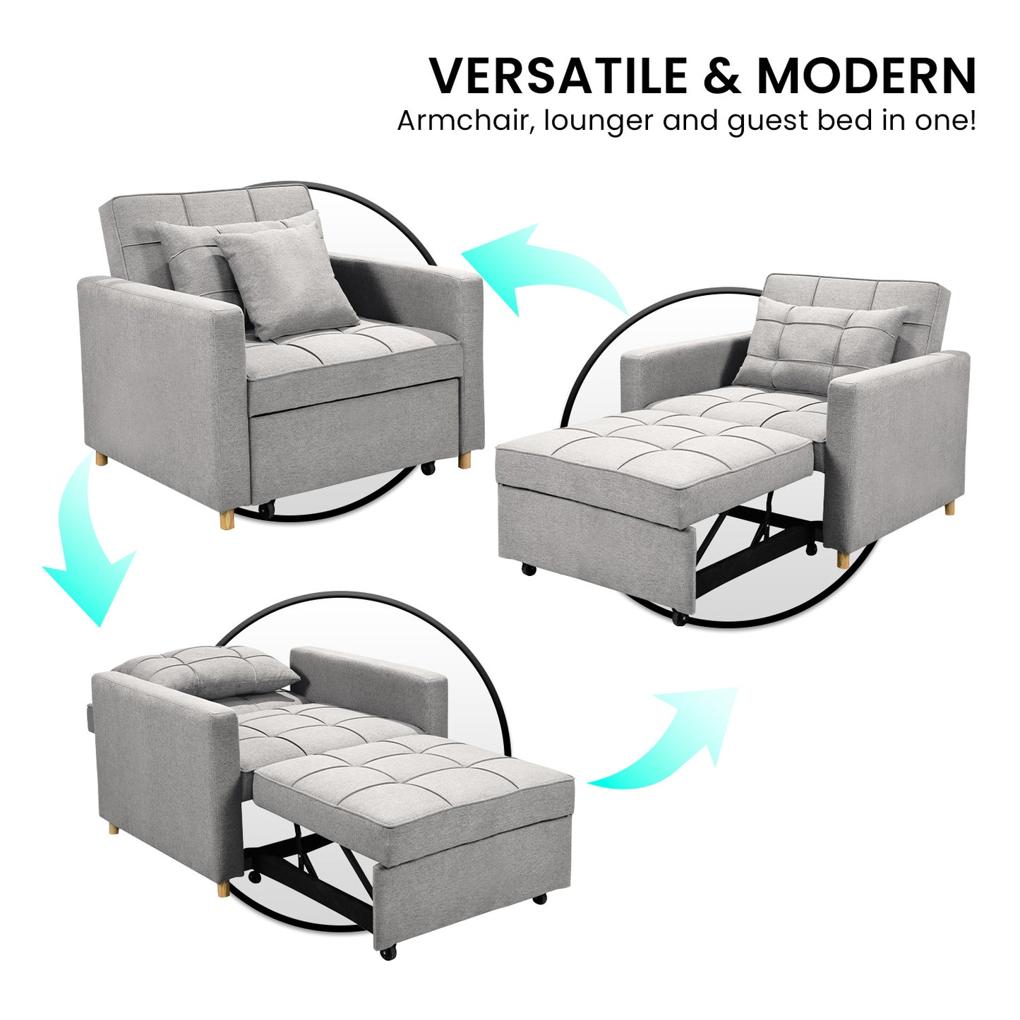 Sarantino Suri 3-in-1 Convertible Sofa Chair Bed Lounger Fabric - Light Grey
