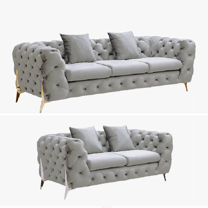Grand Tufted Lounge - Light Grey Velvet Fabric - Gold Legs