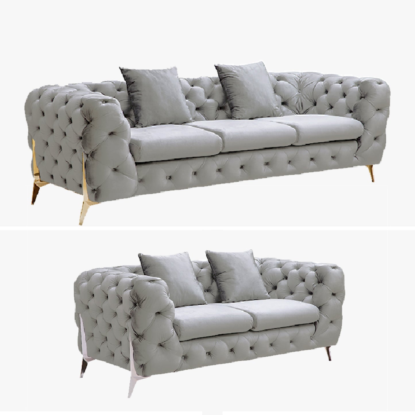 Grand Tufted Lounge - Light Grey Velvet Fabric - Silver Legs