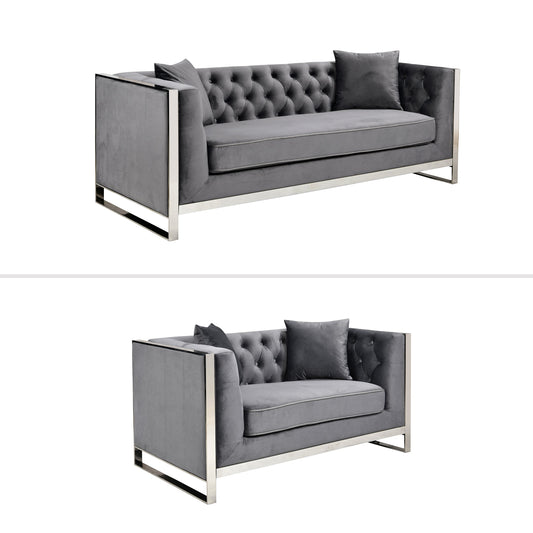William Lounge - Dark Grey Velvet Fabric - Silver Trims