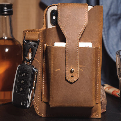 Men's Genuine Leather Retro Belt Waist Bag Cell Phone Belt Bag (Black)