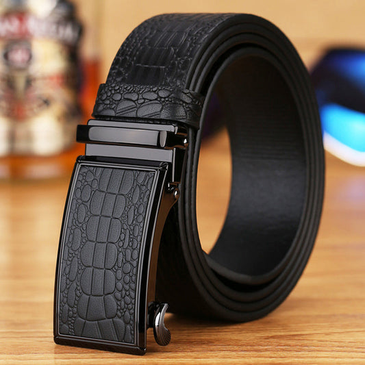 Genuine Cowhide Embossed with Crocodile Pattern Belt Luxury Business Automatic Belts (Black)