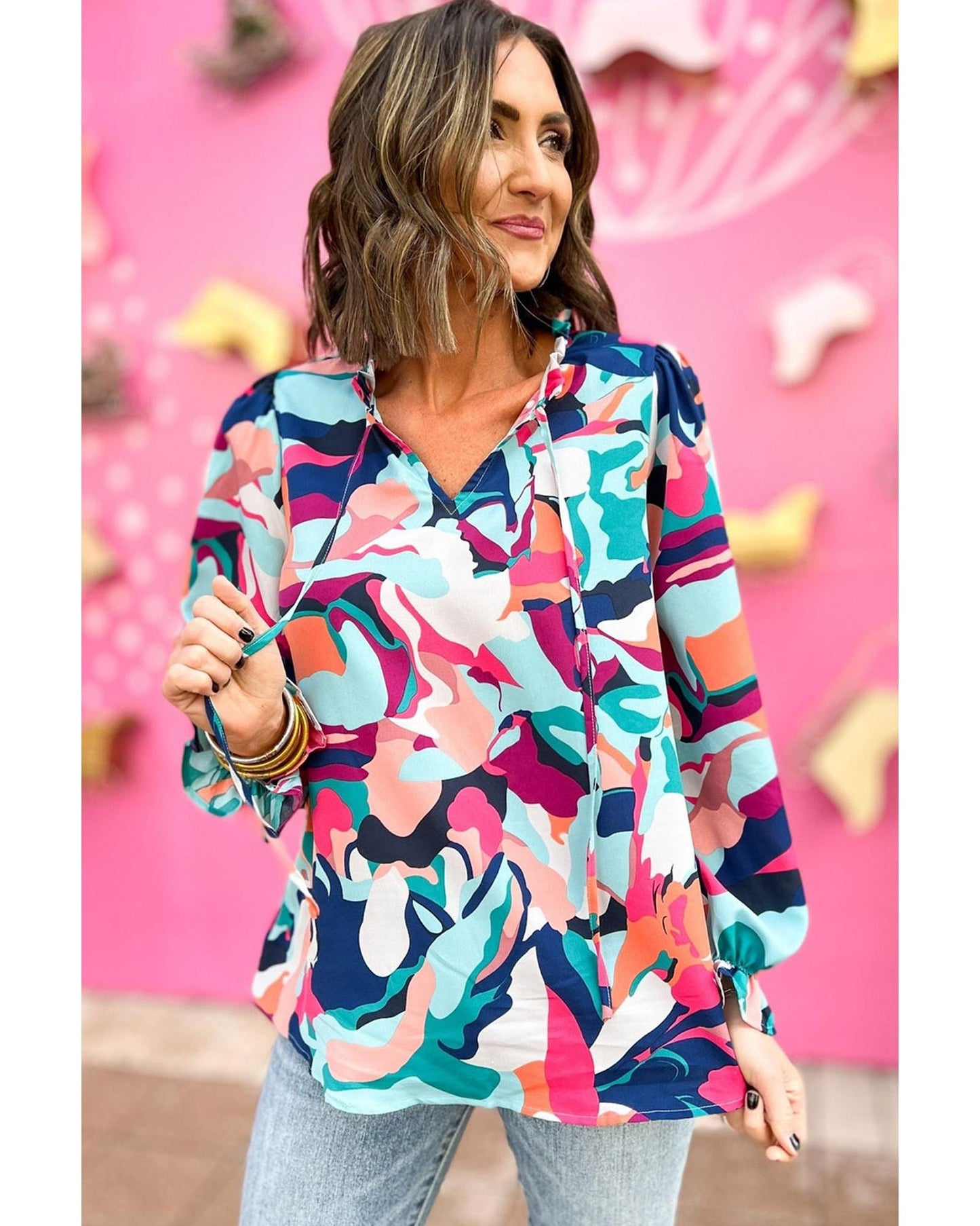 Azura Exchange Abstract Print Frill V Neck Long Sleeve Blouse - XL